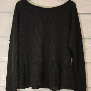 Altar'd State Black Waffle Knit Peplum Long Sleeve Top